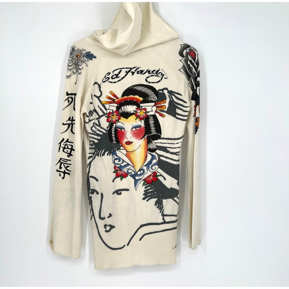 Vtg Ed Hardy Sweater Womens L Asian Geisha Y2K Tattoo Graphic Hooded